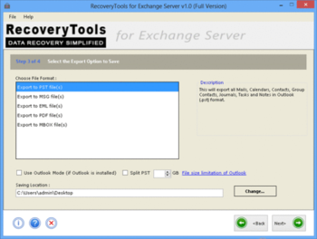 RecoveryTools for Exchange Server screenshot