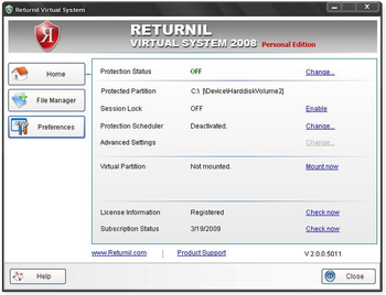 Returnil Virtual System 2008 Personal screenshot