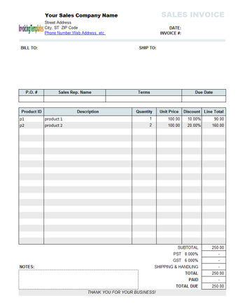 Sales Invoice Template with Discount Percentage screenshot