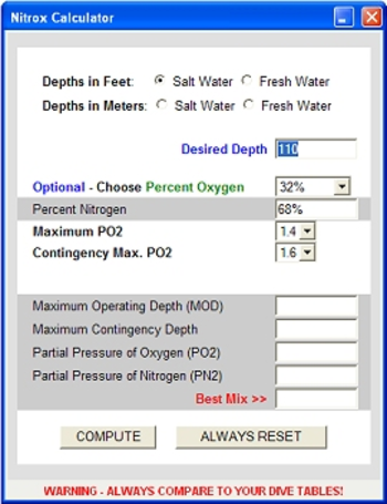 Scuba Diving Nitrox Calculator screenshot