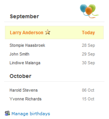 SharePoint Birthdays Web Part screenshot