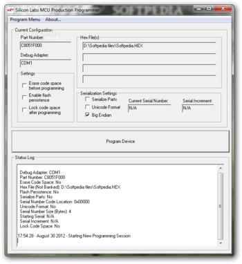 Silicon Labs MCU Production Programmer screenshot