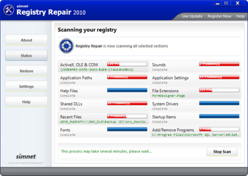 Simnet Registry Repair 2011 screenshot