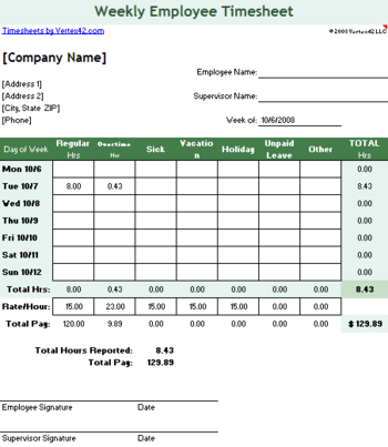 Simple Employee Timesheet Template screenshot