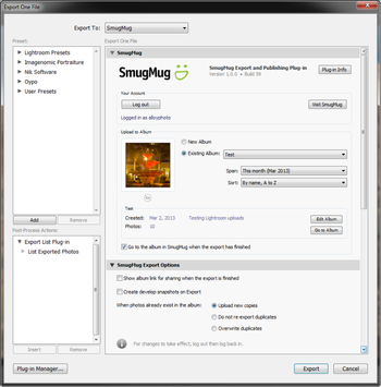 SmugMug Export Plugin screenshot