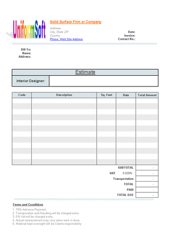 Solid Surface Firm Estimate Form screenshot