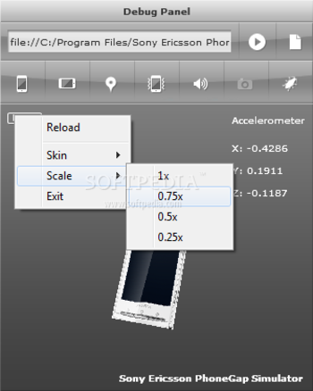 Sony Ericsson PhoneGap Simulator screenshot