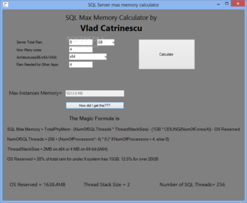 SQL Max Memory Calculator screenshot