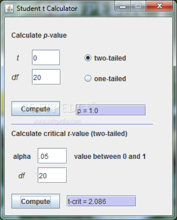 Student t Calculator screenshot