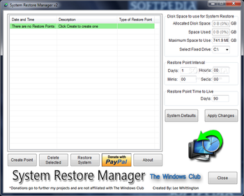 System Restore Manager screenshot