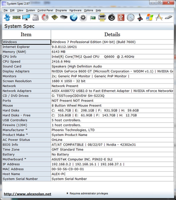 System Spec screenshot