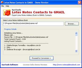SysTools Lotus Notes Contacts to GMAIL screenshot