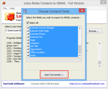 SysTools Lotus Notes Contacts to Gmail screenshot