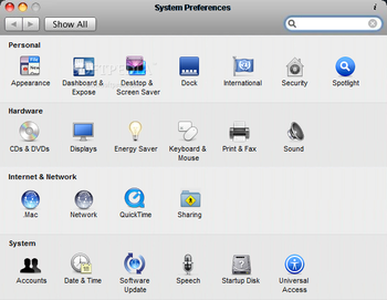 Tiger System Preferences screenshot