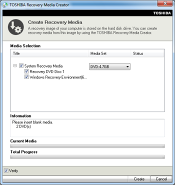 TOSHIBA Recovery Media Creator screenshot