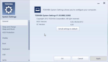 TOSHIBA System Settings screenshot