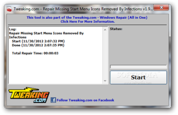 Tweaking.com - Repair Missing Start Menu Icons Removed By Infections screenshot