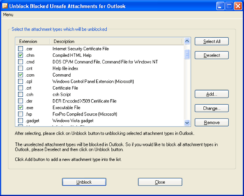 Unblock Outlook Blocked Unsafe Attachments screenshot