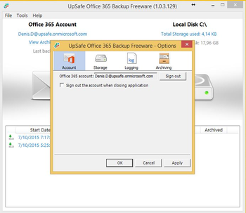 UpSafe Office 365 Backup Freeware screenshot 4