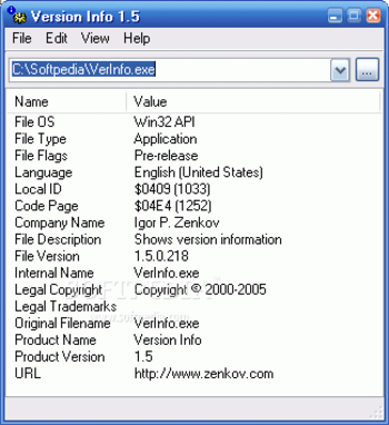 Version Info screenshot