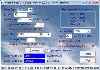 Video Bitrate Calculator screenshot