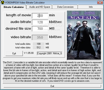 VOB2MPEG4 Video Bitrate Calculator screenshot