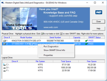 Western Digital Data Lifeguard Diagnostics screenshot