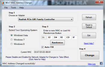 Win7 MAC Address Changer screenshot