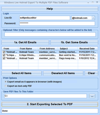 Windows Live Hotmail Export To Multiple PDF Files Software screenshot