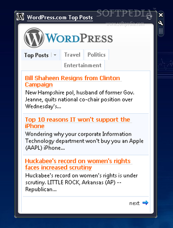 Wordpress Vista Gadget screenshot
