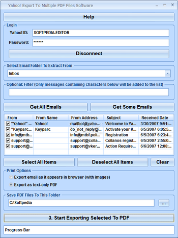 Yahoo! Mail Export To Multiple PDF Files Software screenshot
