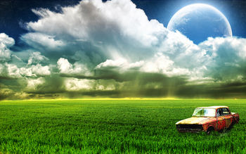 Farm Old Car Moon Clouds screenshot