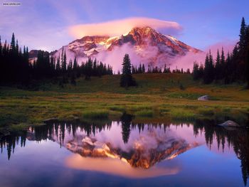 Mount Rainier And Lenticular Cloud Reflected At Sunset Washington screenshot